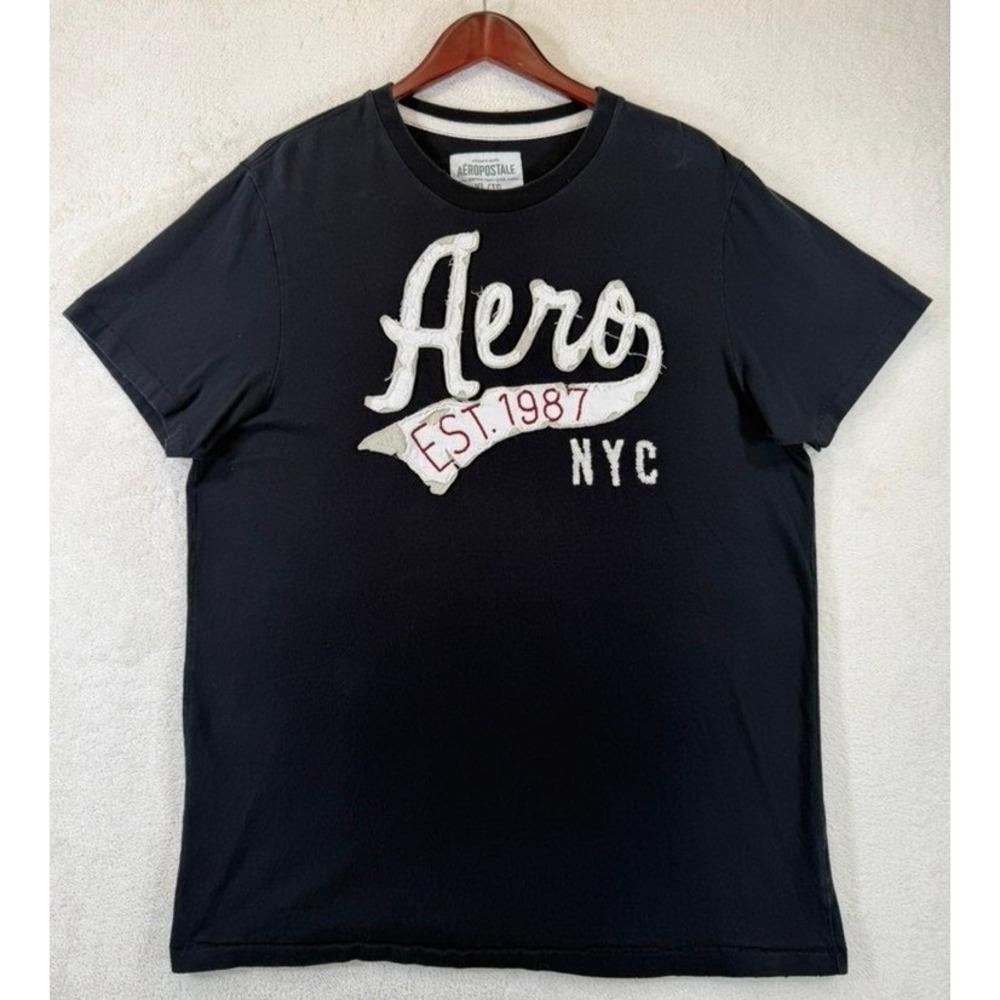 Aeropostale Mens XL Black Graphic T-Shirt Aero Est 1987 NYC Applique Cotton Tee